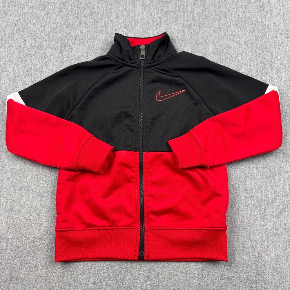 Nike Jacket Kids 4 XS Red Black Full Zip Track Swoosh Logo Outdoor Active